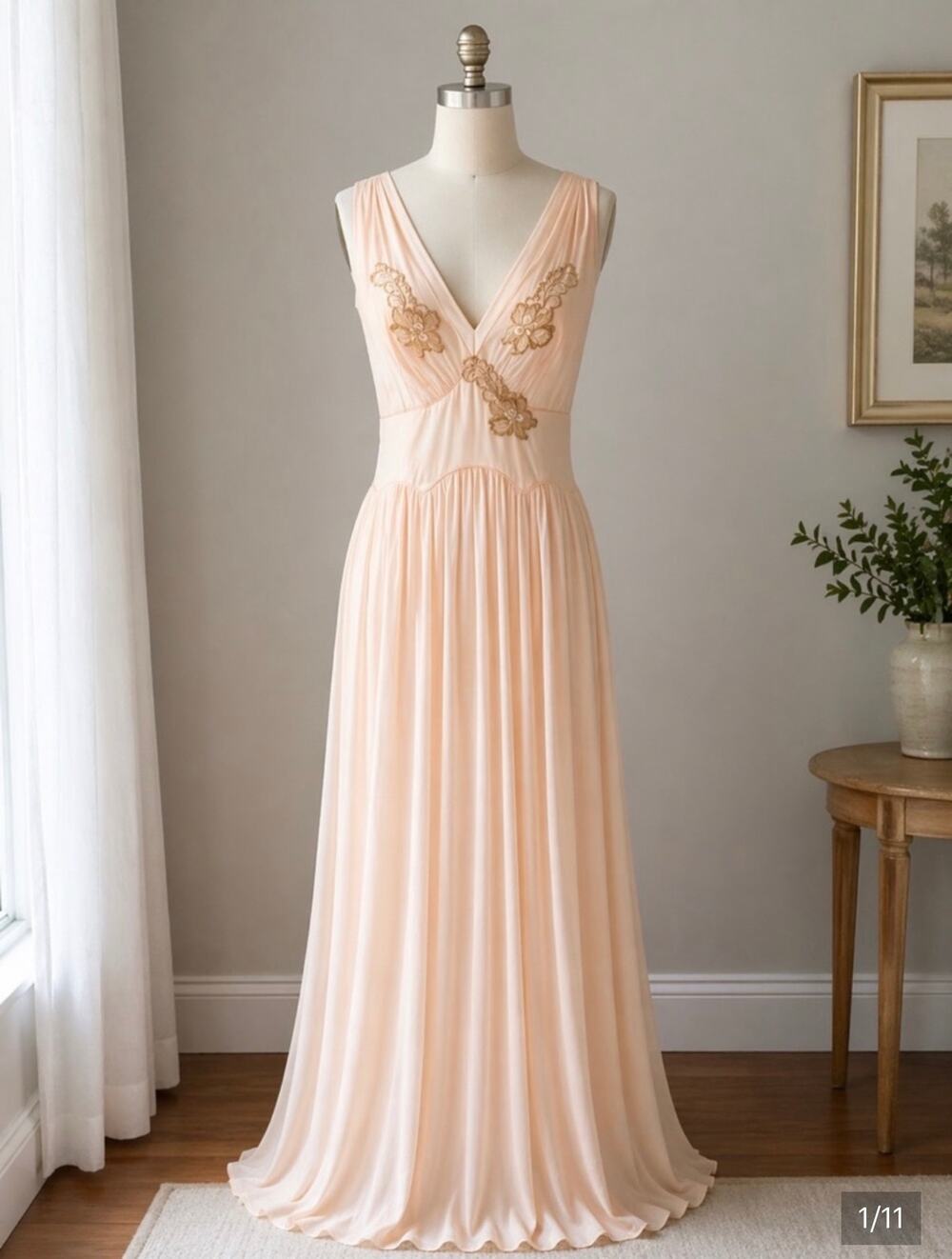 Vintage 1950s Vanity Fair Nightgown Size 34 Peach Lace Full Length Nylon